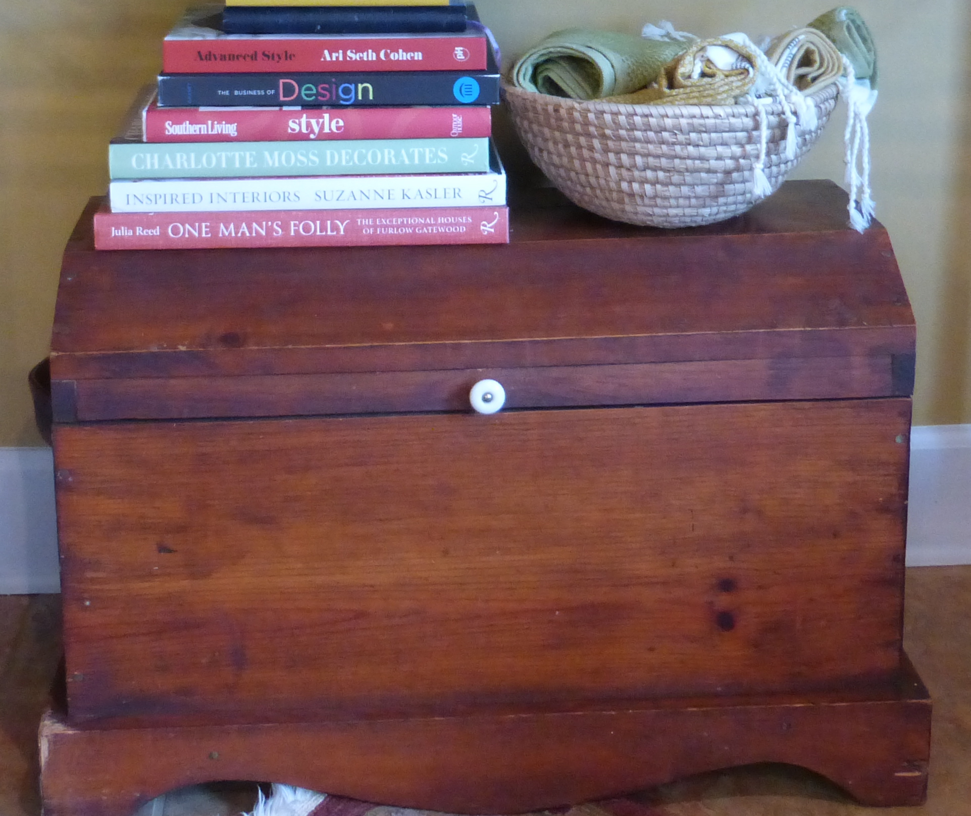 My Pine Trunk houses photo albums and keepsakes.