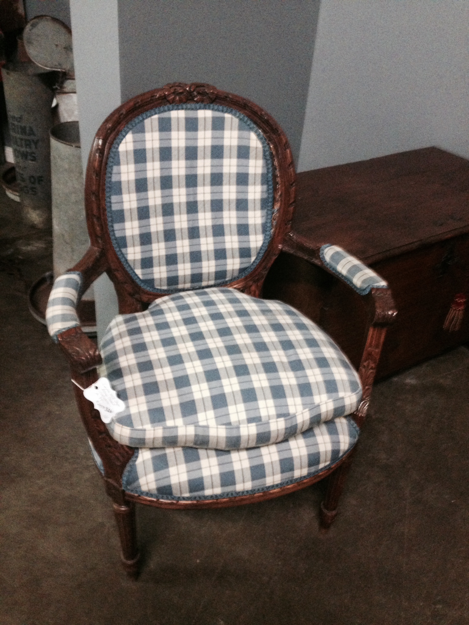 Country French Fauteuil with blue and white checks.