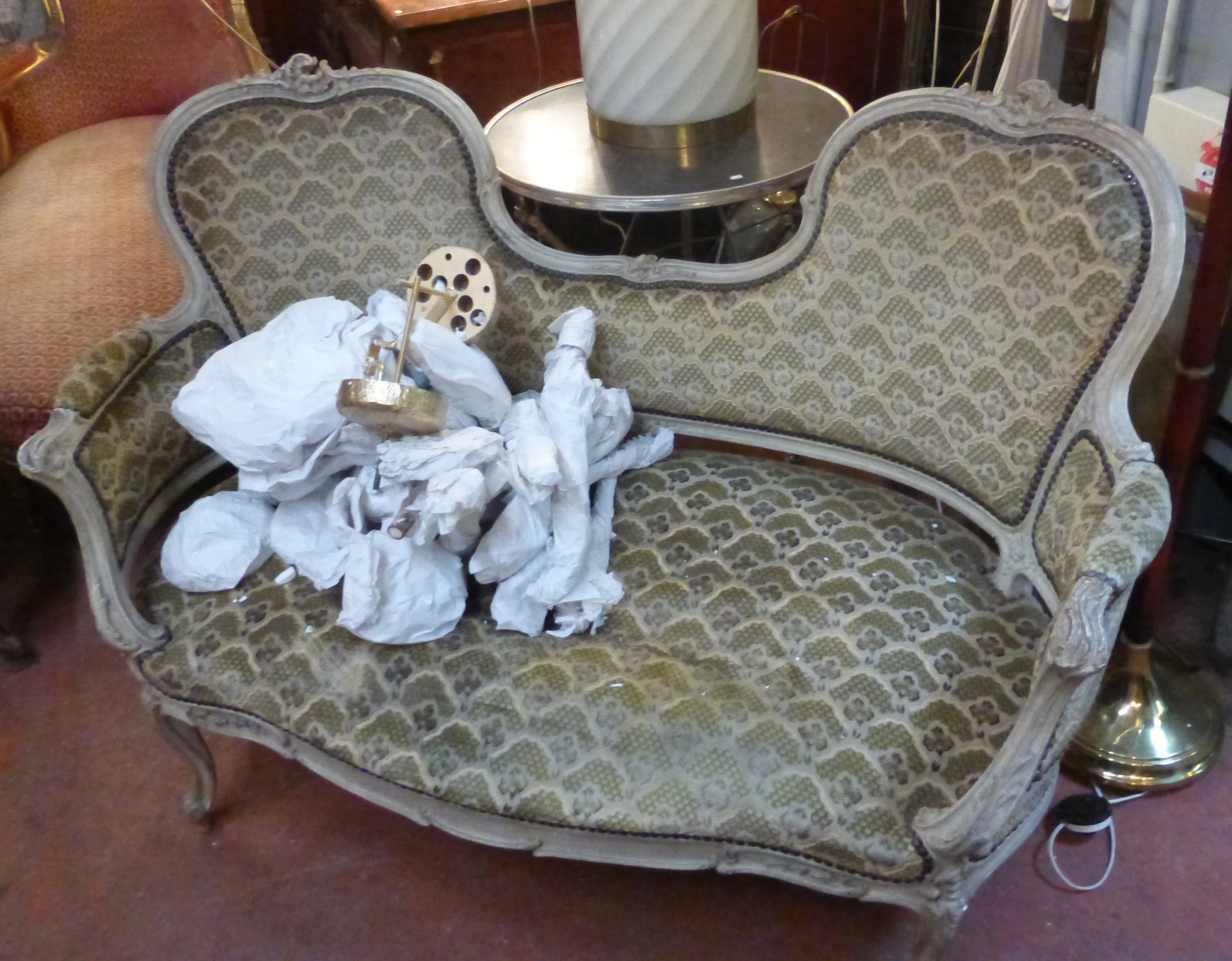 The Napoleon III Settee as I first found it in Monique's shop, before repair.