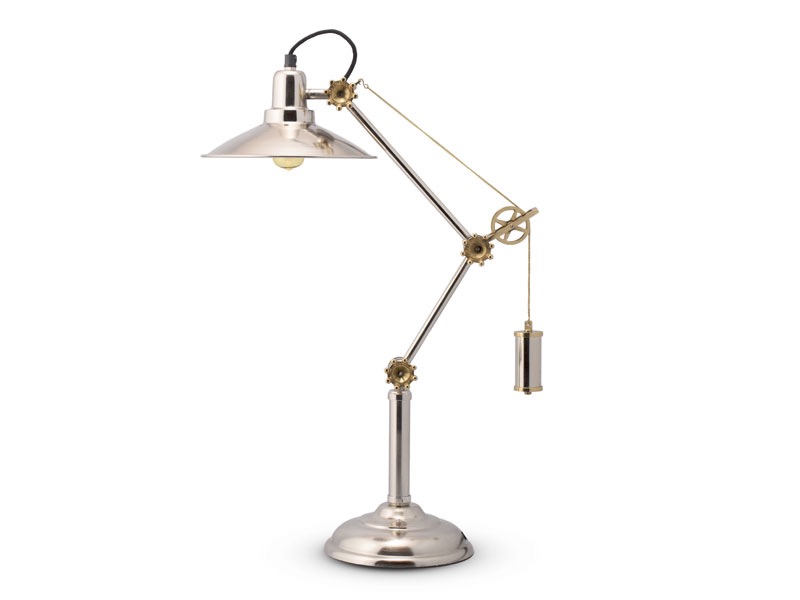 A versatile desk lamp with chrome and brass. The pulley and gears add an industrial feel to this sleek piece.