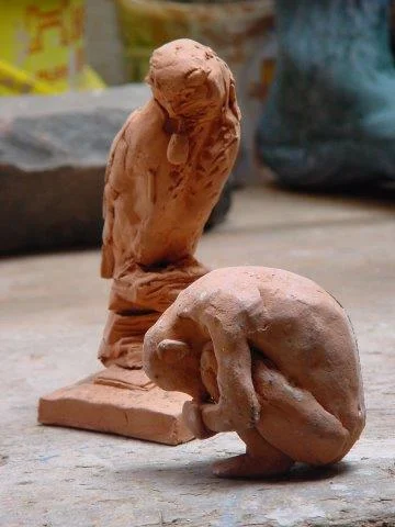 2 small clay maquettes in the studio