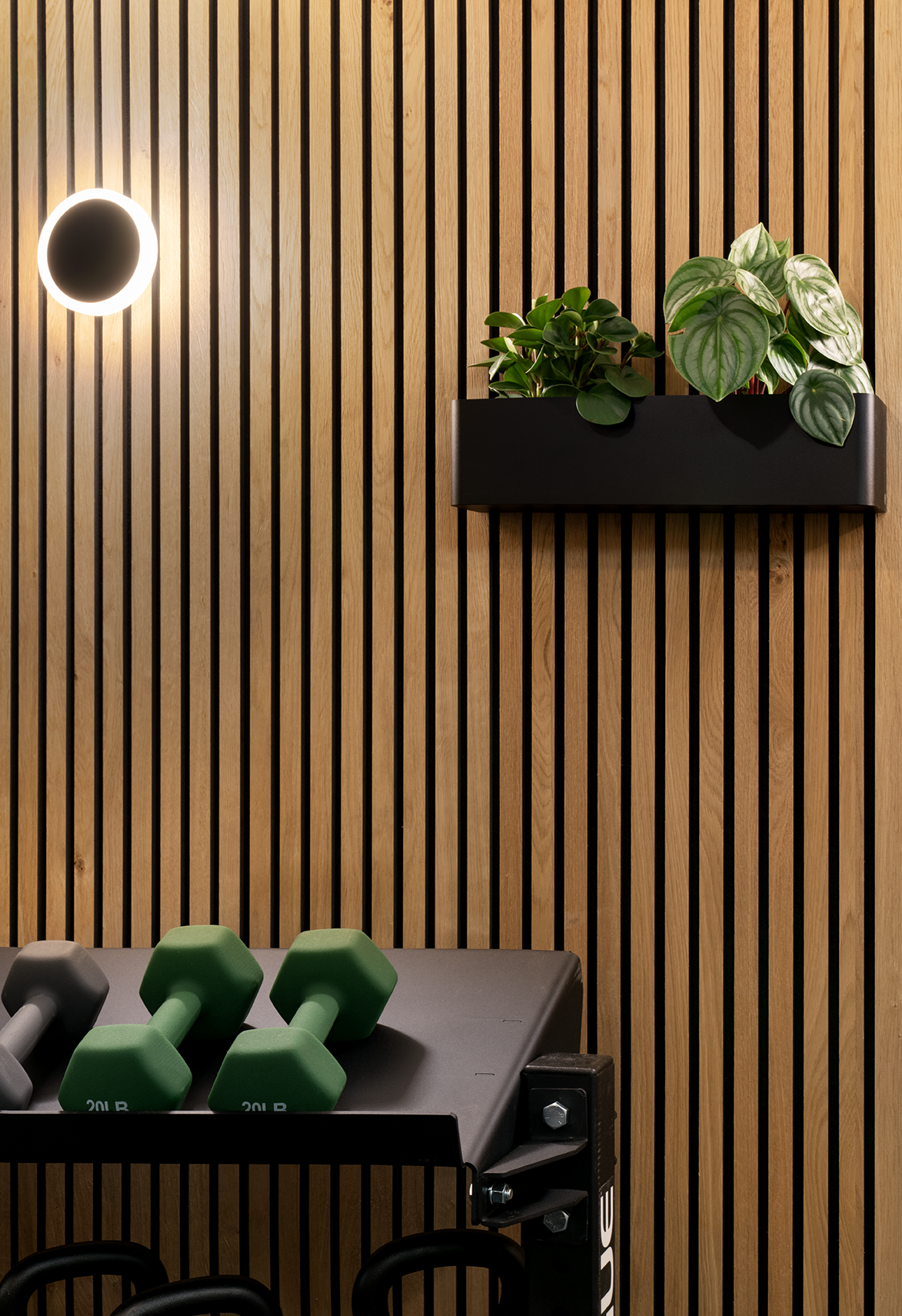A custom home gym featuring a warm wood slat accent wall, integrated black planter, modern wall lighting, and compact storage designed for an urban San Francisco home.