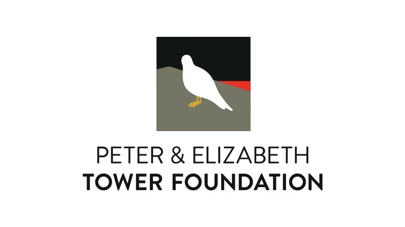 Logo for Peter & Elizabeth Tower Foundation featuring a stylized white bird standing on gray ground with black, gray, and red background elements.