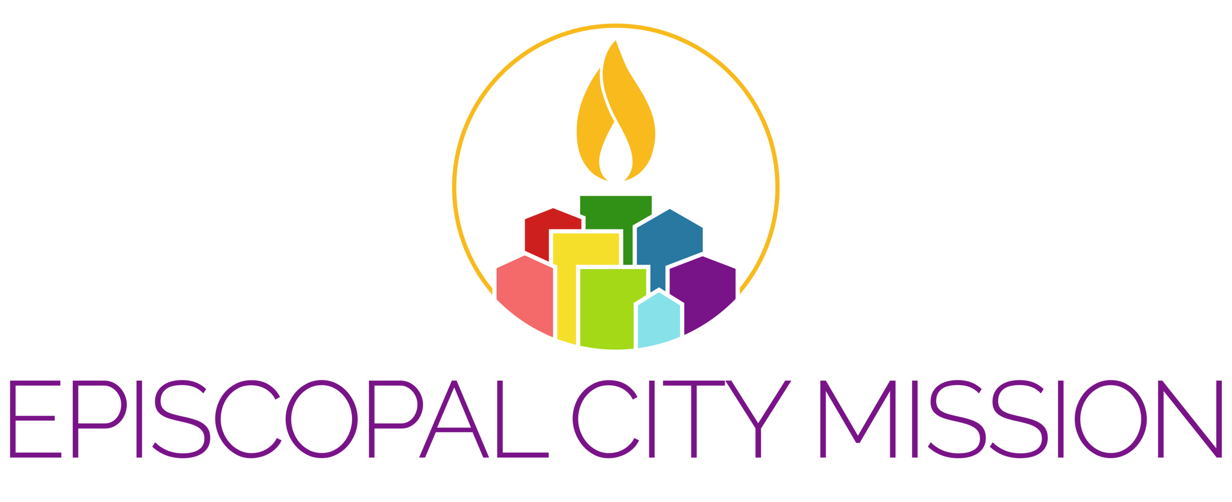 Colorful logo of Episcopal City Mission featuring a flame, a candle, and multicolored geometric shapes with purple text below reading "Episcopal City Mission"