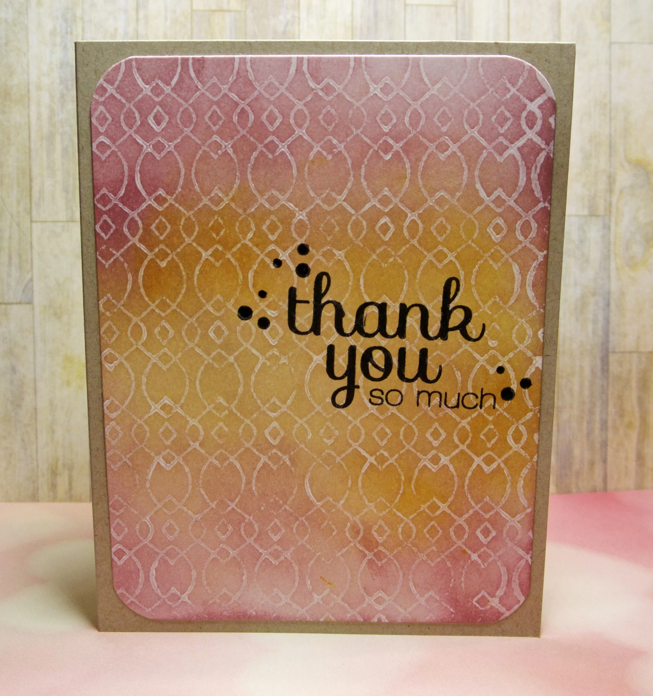 Nenah Solar White 80 lb cardstock, stamped with Hero Arts Spice Market Looped Flower with Adirondack Pearl paint, then rubbed with Distress Victorian Velvet and Wild Honey inks, Simon Says Stamp sentiment stamped in Versafine black ink, stamped dots are also from Simon Says Stamp. Mounted on Nenah Desert Storm cardbase.