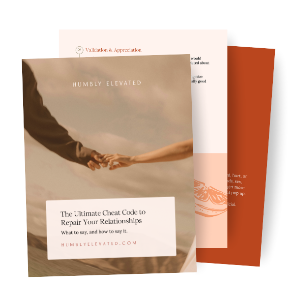 A booklet titled "The Ultimate Cheat Code to Repair Your Relationships" shows a cover with two hands reaching out to hold each other against a cloudy sky background
