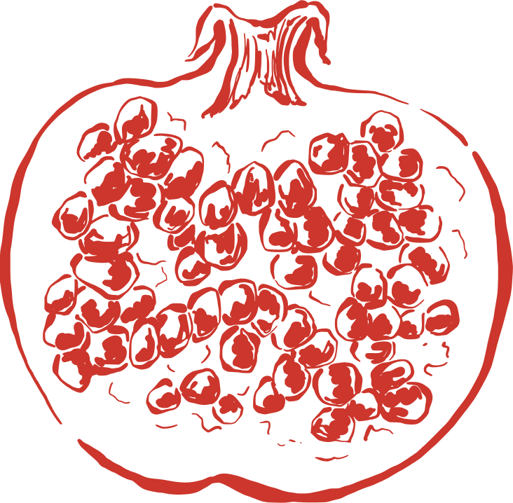 Line drawing of a pomegranate fruit with seeds inside, depicted using red lines on a black background.