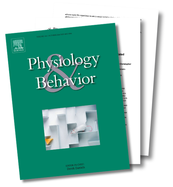 A teal-colored academic journal titled 'Physiology & Behavior' with a small image of mice on a laboratory maze and a few pages of text behind it.