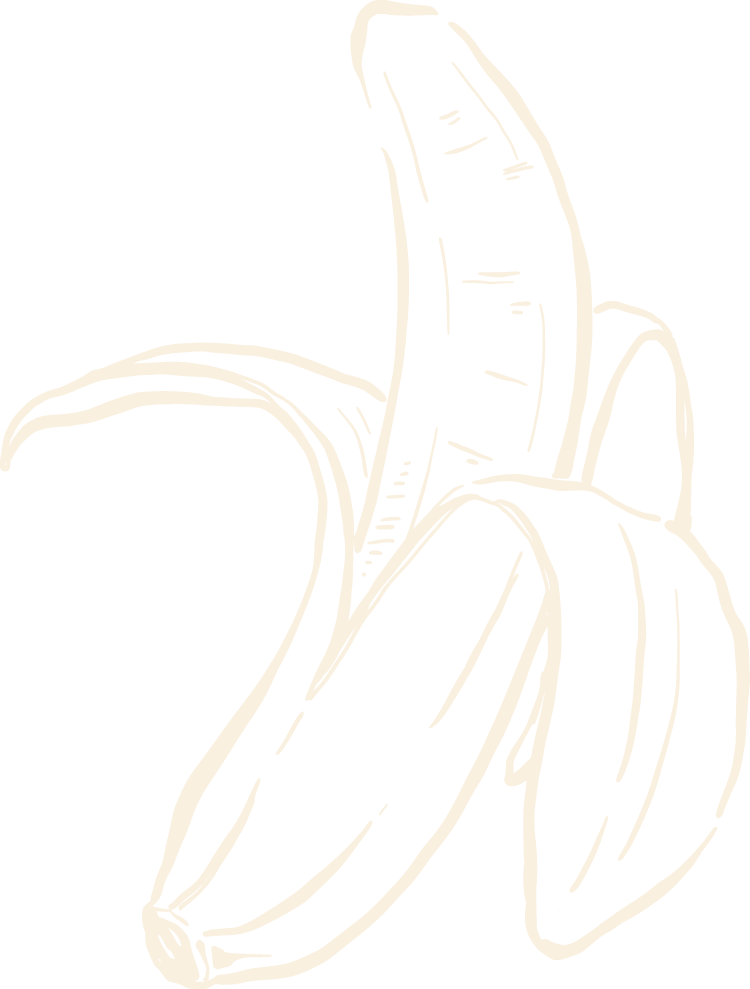 Line drawing of a partially peeled banana with one part still attached to the peel.