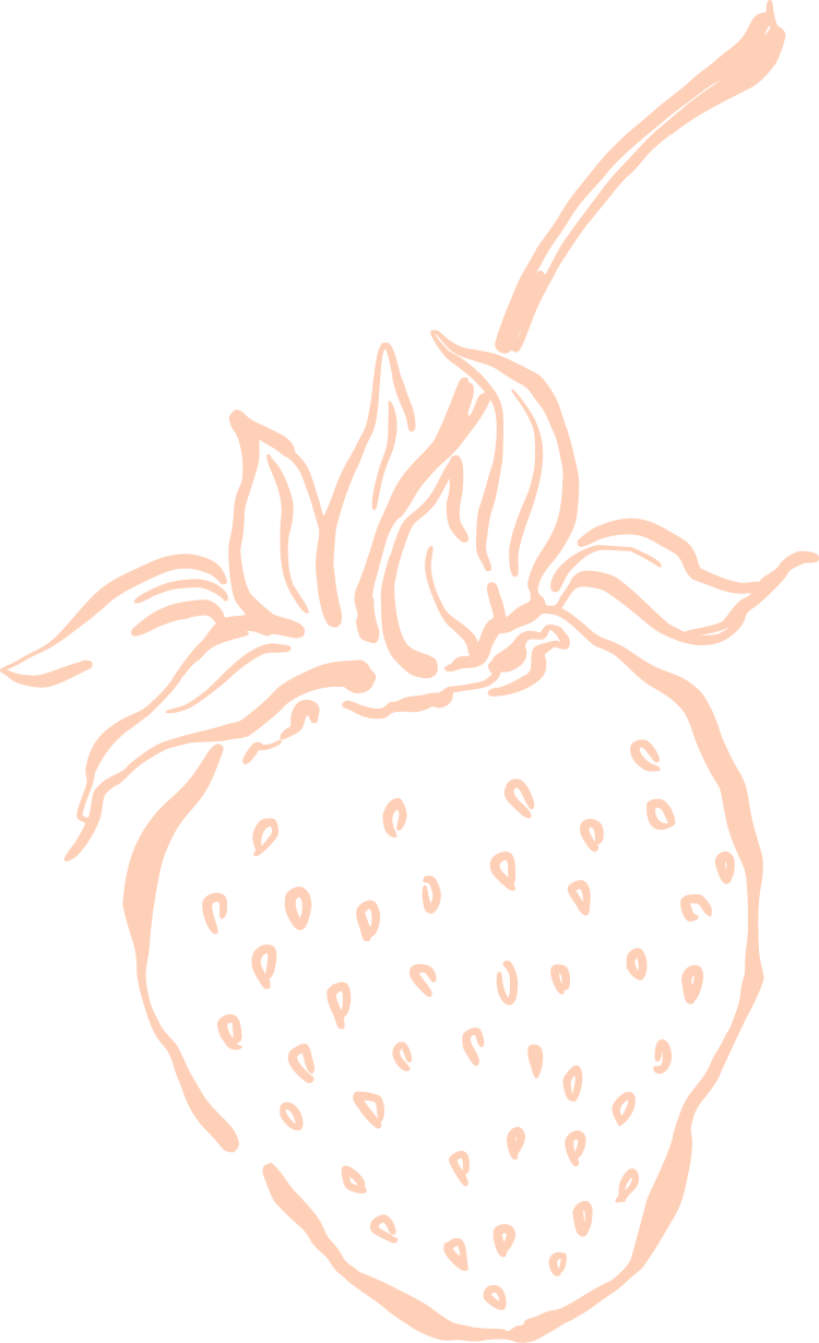 Illustration of a strawberry with seeds and leaves, drawn in a minimalist style with light pink lines on a black background.