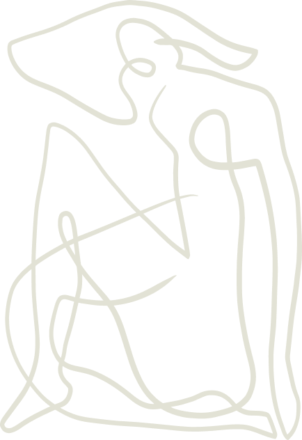 Abstract line drawing of a woman sitting with her hand near her face.