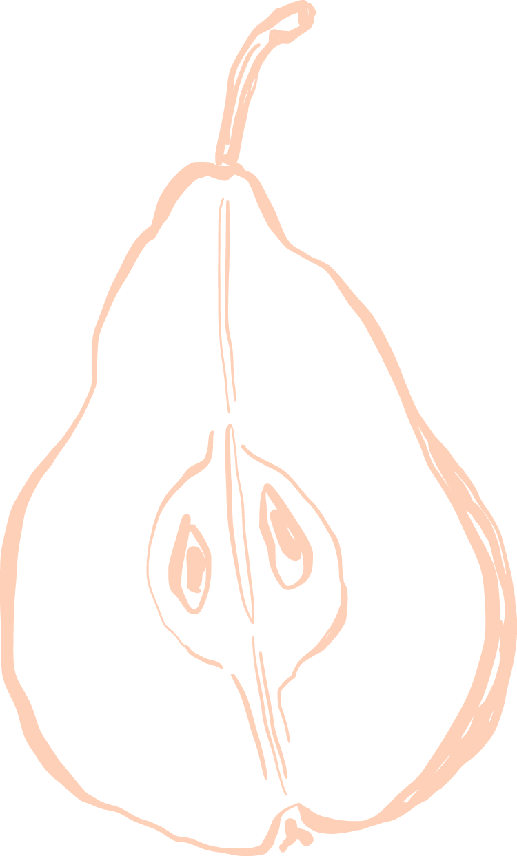 A stylized line drawing of a pear, sliced in half, showing the seed cavity inside.