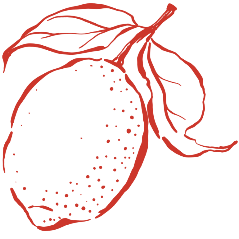 A red illustration of a lemon with leaves on top, set against a black background.