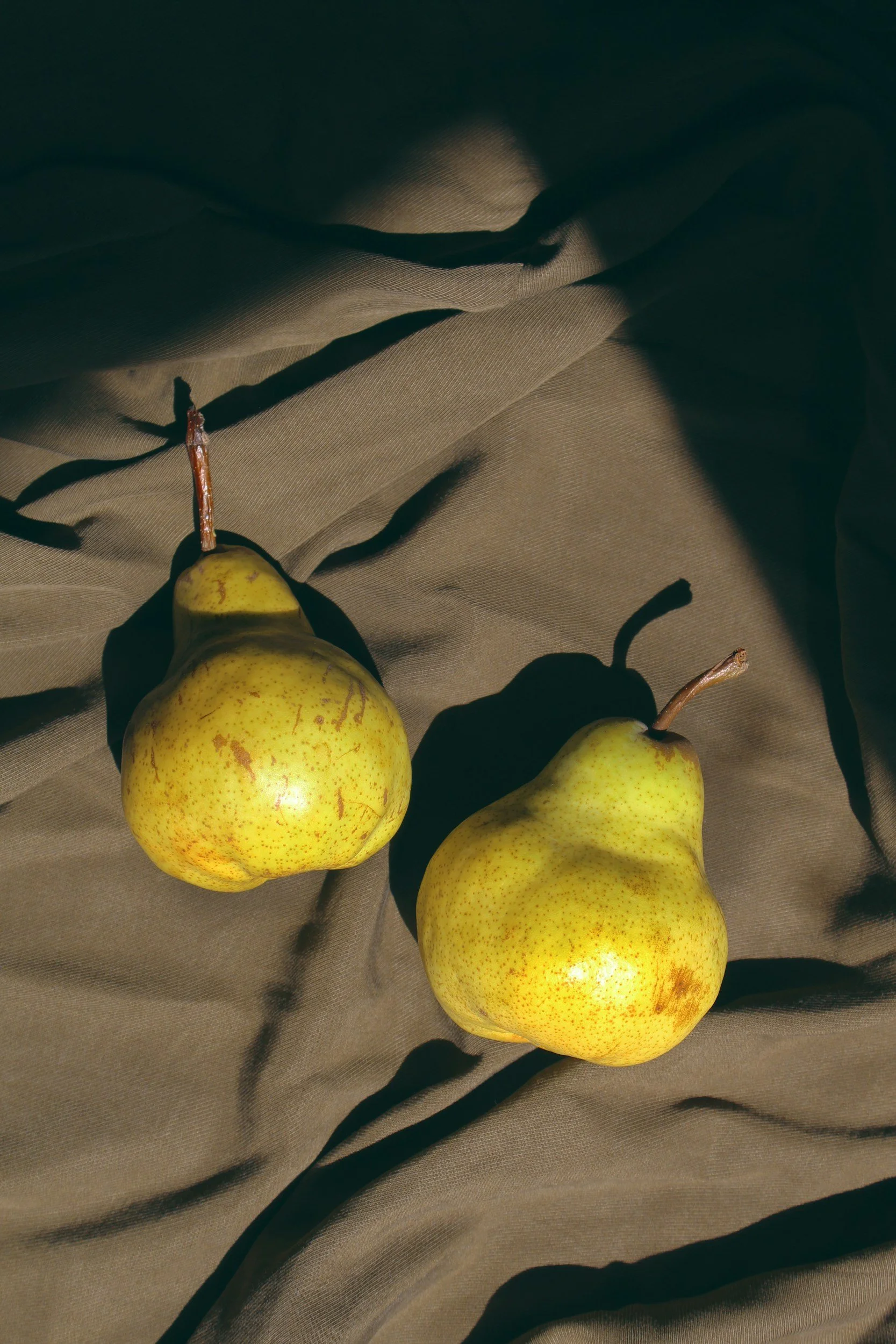 Three yellow pears with brown speckles on a gray fabric background, with shadows cast by the pears.