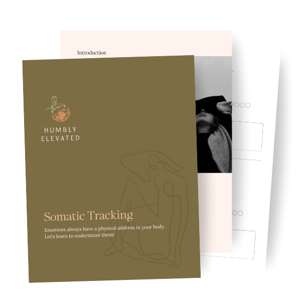 Brochure titled "Somatic Tracking" by Humble Elevated with an abstract line drawing of a person on the cover.