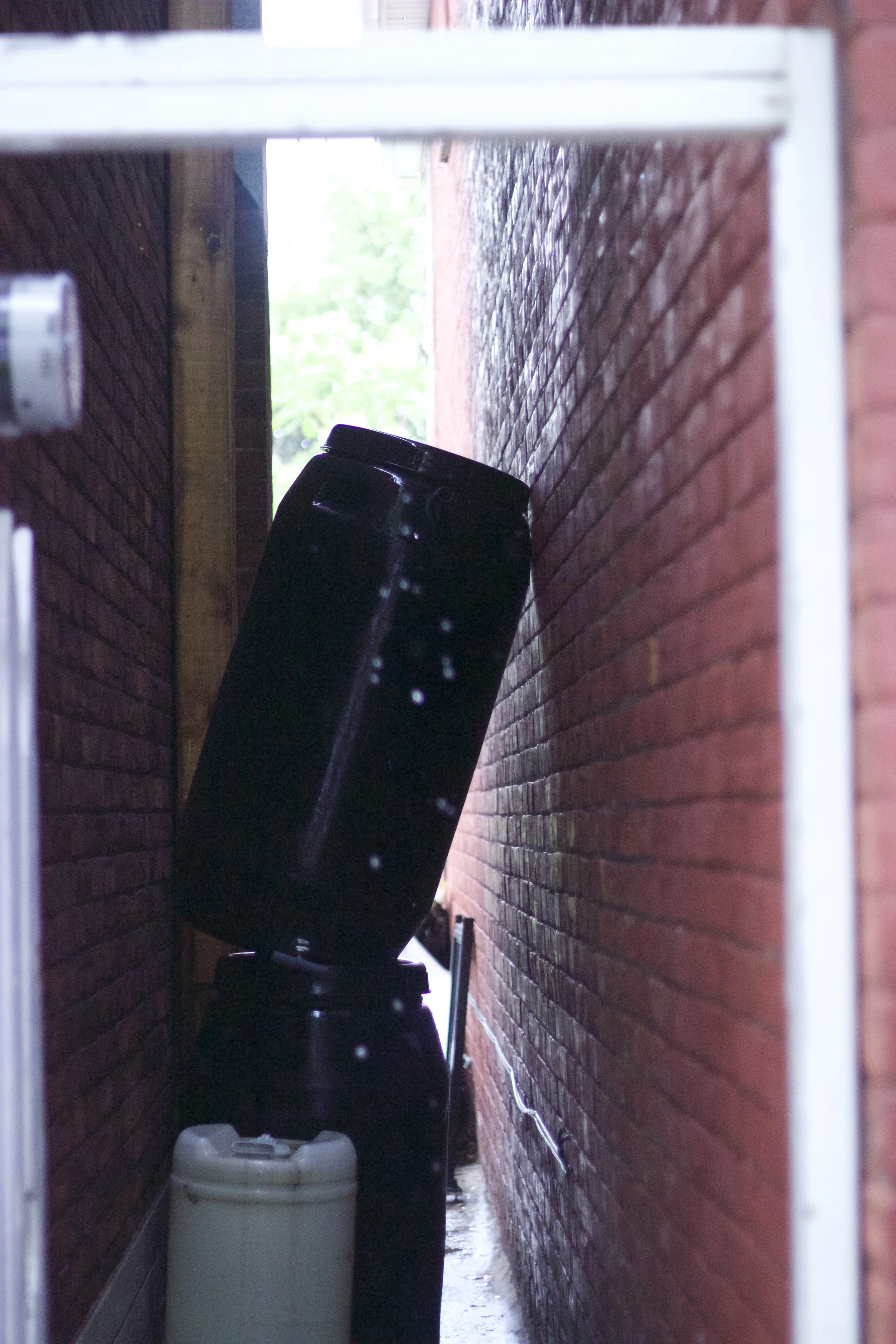 rain barrels in the walkway
