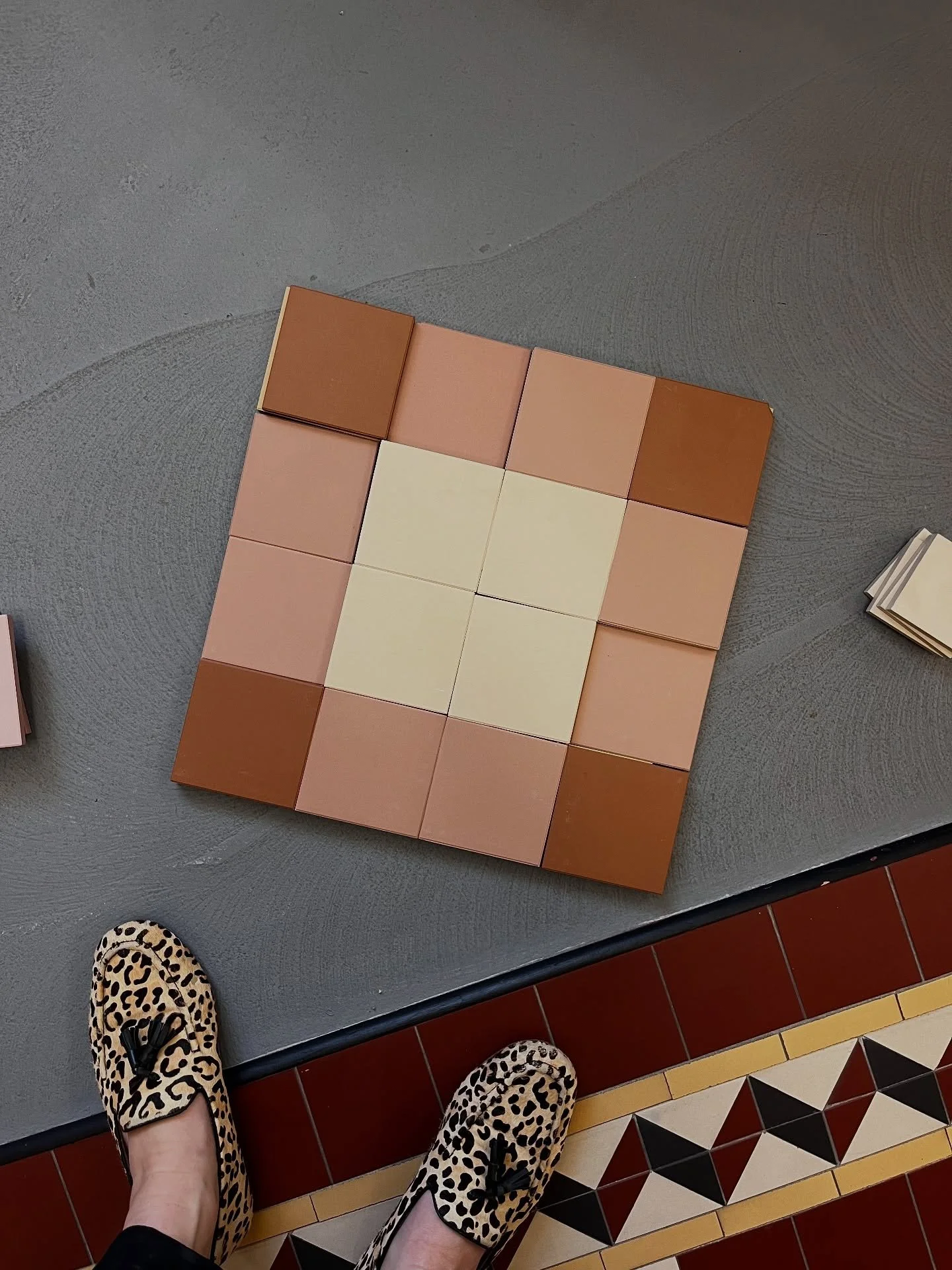 TILE DESIGN - Searching for the perfect gingham floor tile combo - needs to be three tiles, equal balance in tone between light, mid, dark - not as simple as I thought!

Floor tiles for the bathroom for at #MARGonMargaret that also run up behind the 