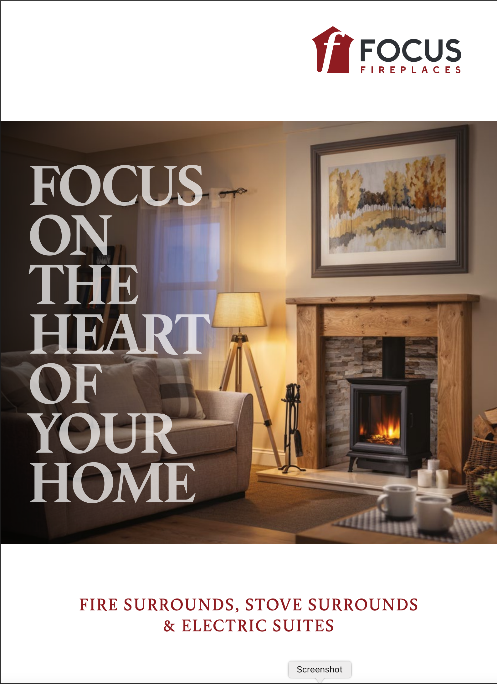 Living room with a beige sofa, ladder, framed painting of trees above a fireplace, lamp, and candles, with overlay text about fireplace and stove surrounds.