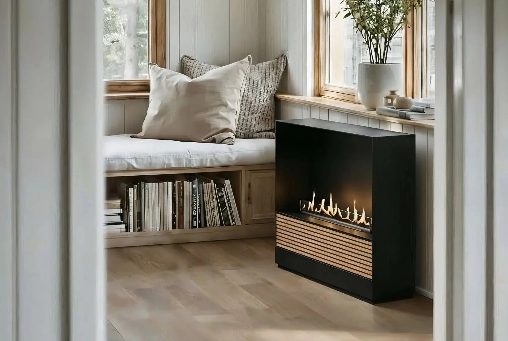 Cozy corner with a window seat, beige cushions, a black modern fireplace, a white vase with green plant, magazines, and built-in bookshelf with books.