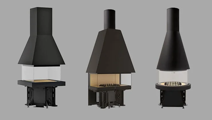Three outdoor fireplaces with black chimney hoods against a gray background.