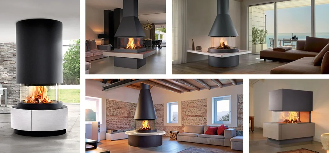 Collection of modern indoor fireplaces with different designs and settings.