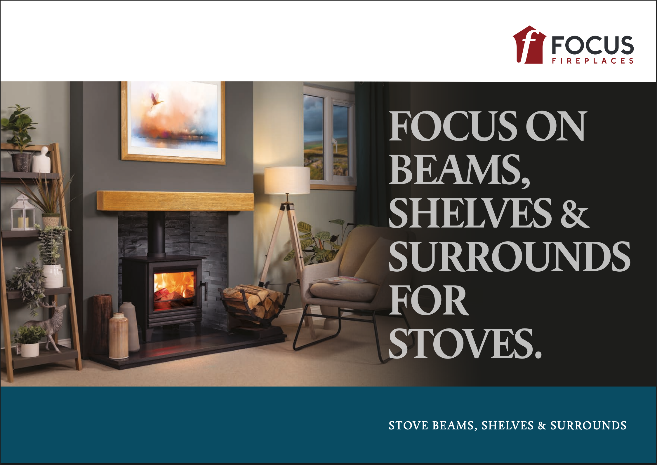 Living room with a wood stove, bookshelf with plants, framed artwork, and a beige armchair, with window showing outdoor landscape, promoting focus on beams, shelves, and surrounds for stoves.