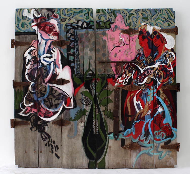 Elham Moaidnia, Godfather, Oil on Reclaimed Ras Al Khaimah Door