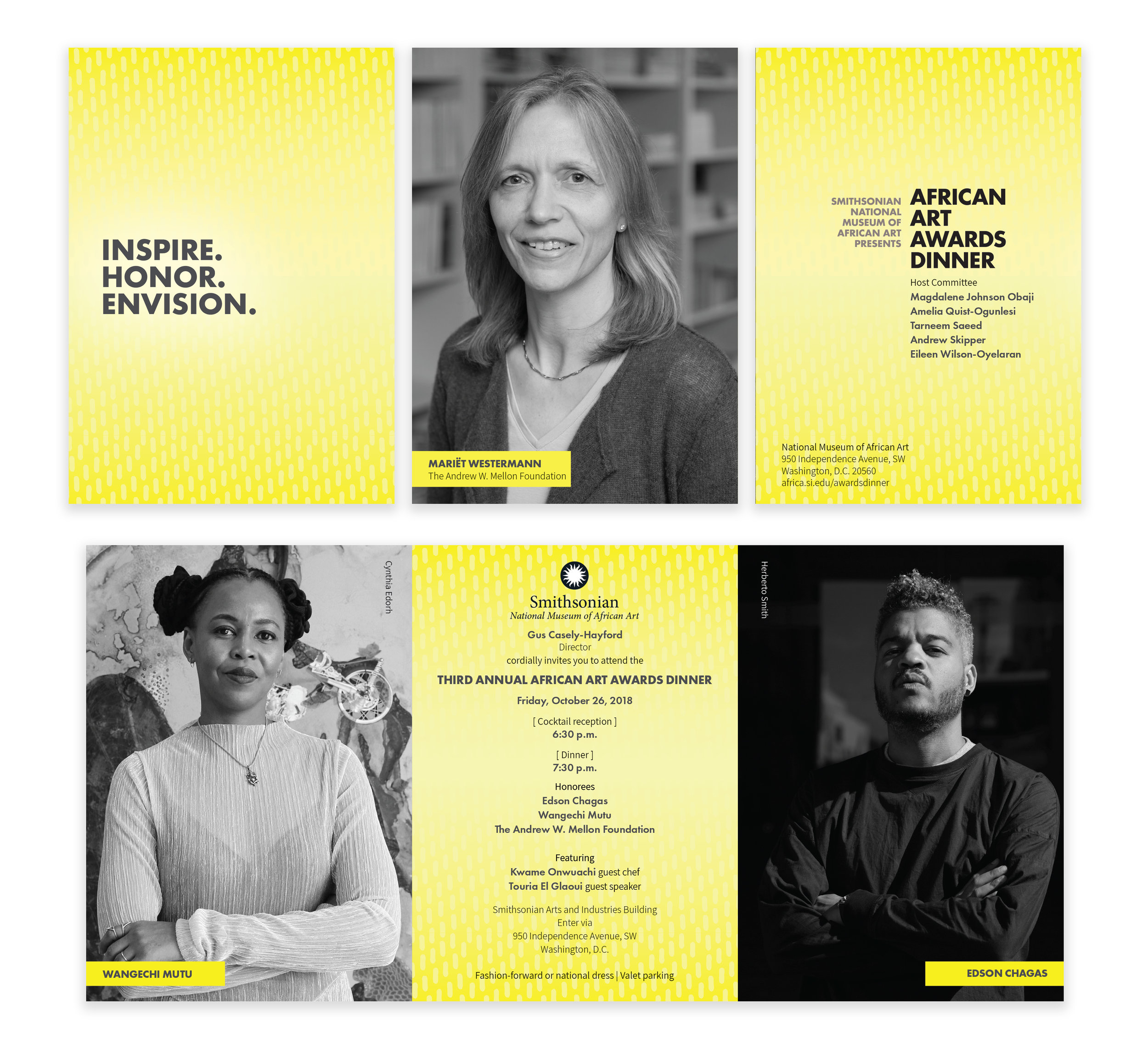 Images of a trifold program for the African Art Awards. Front reads “Inspire Honor Envision”, inside features a program on a yellow background and includes three black and white photographs fo the honorees.