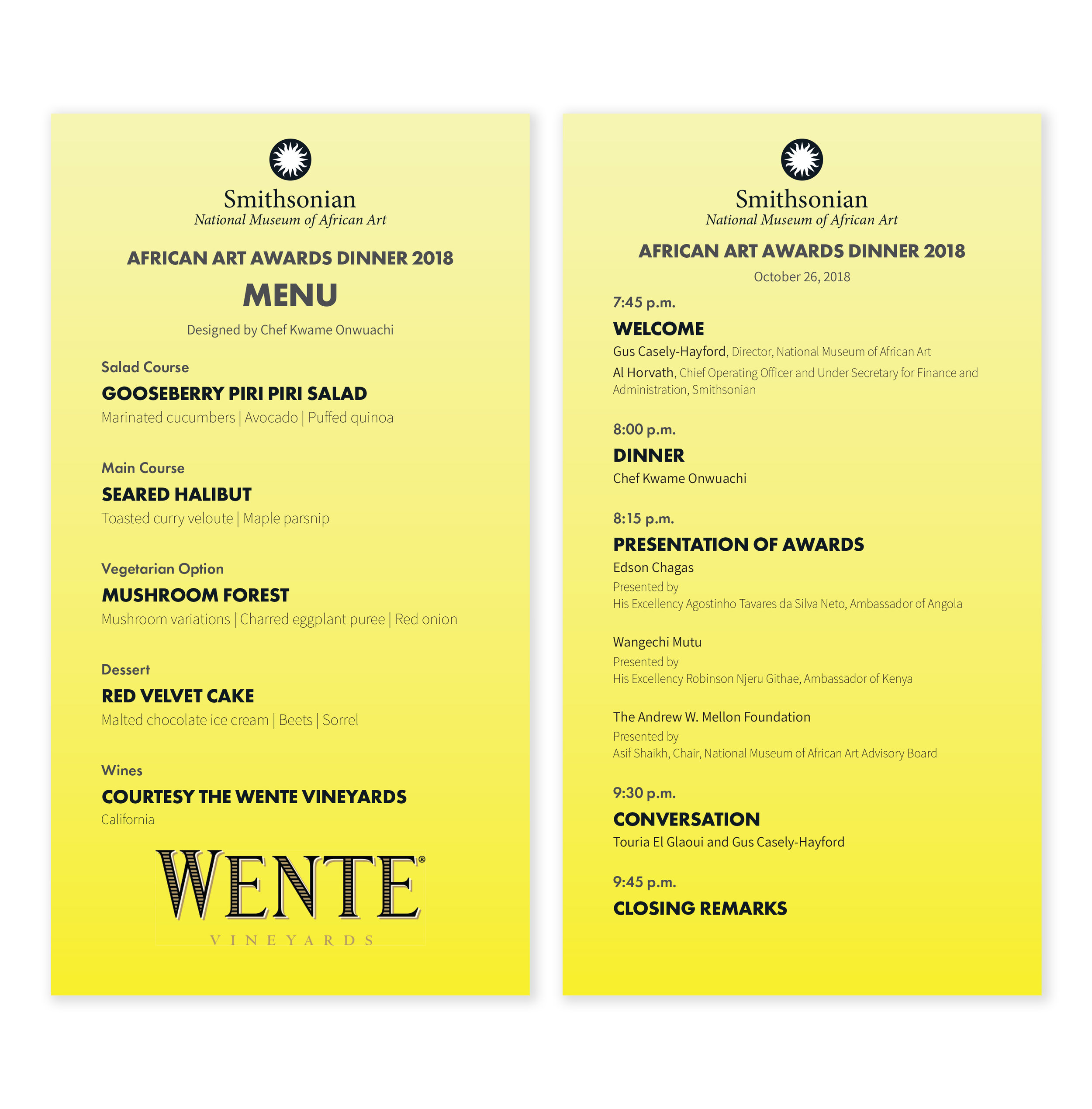 The front and back of a menu card and program printed in black on a yellow background.