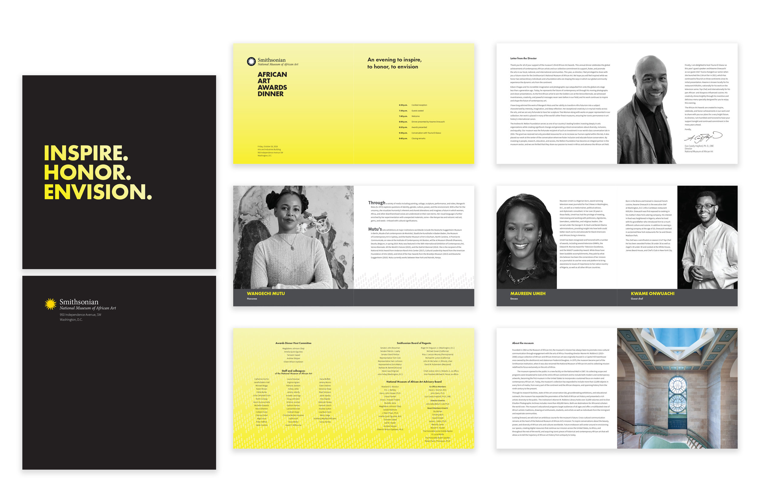 A sample of spreads from an event program. It features a black and yellow color scheme and black and white portraits.