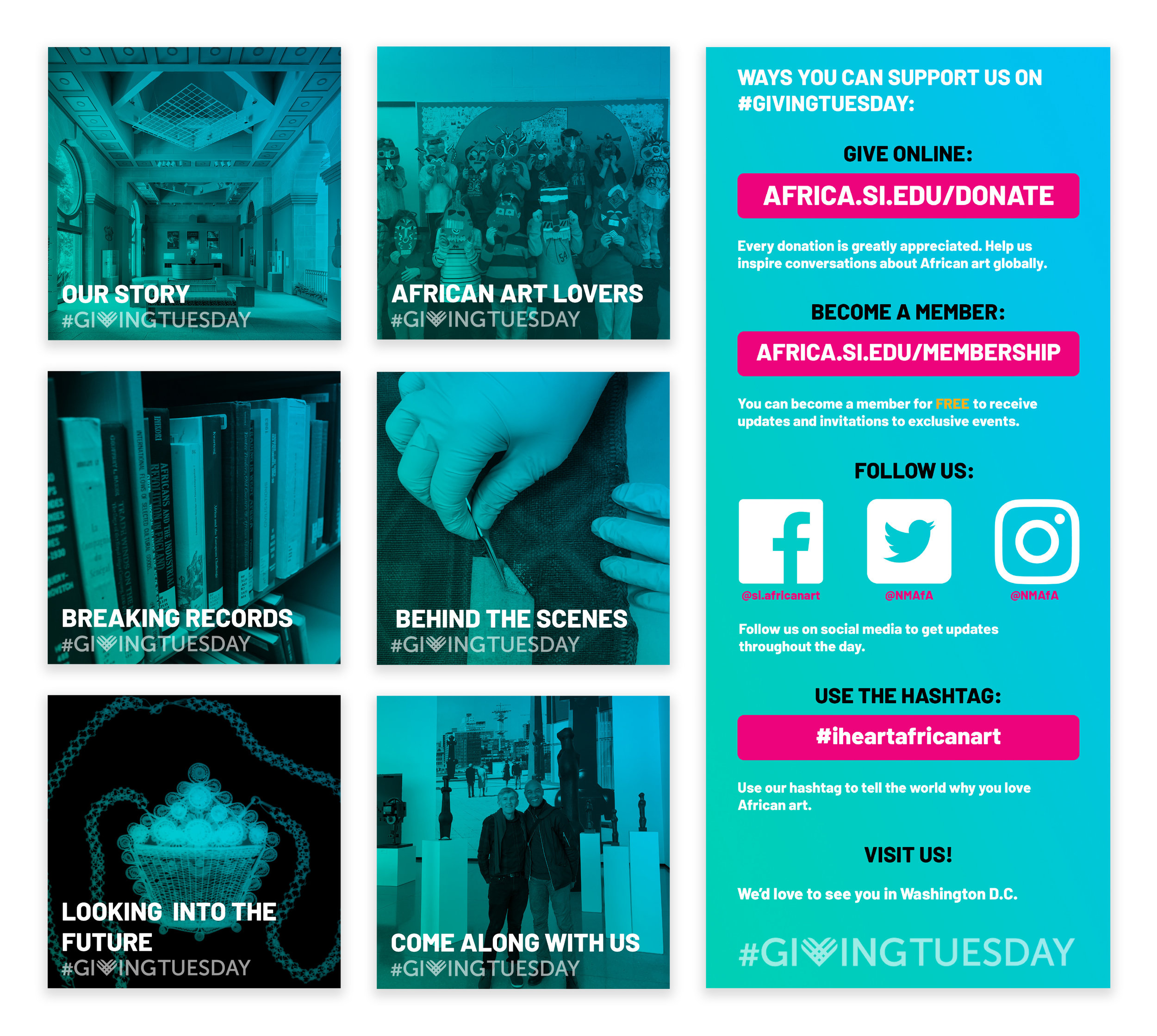 A sample of social media graphics featuring museum images with a teal overlay.