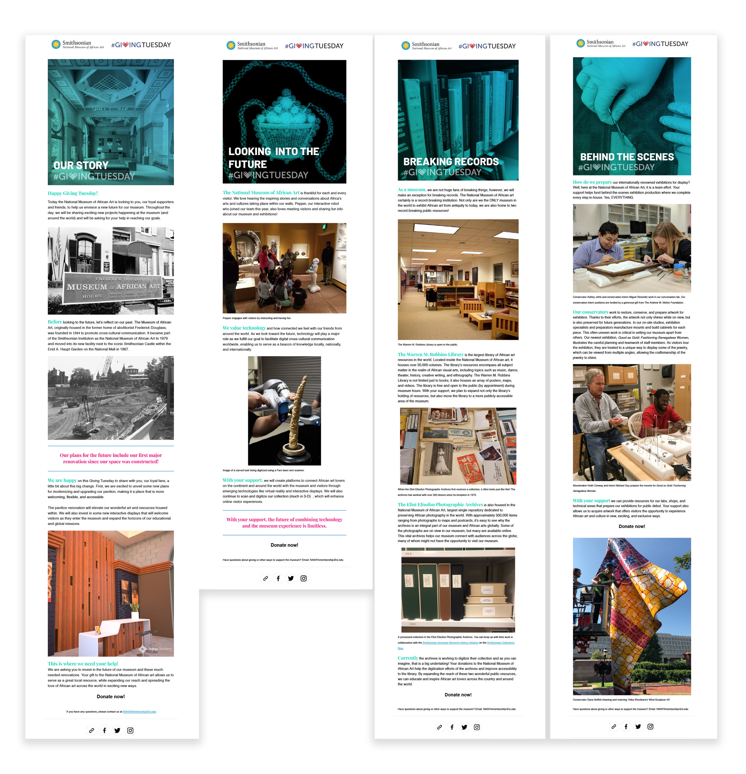 A sampling of email newsletters from a Giving Tuesday campaign for the National Museum of African Art.