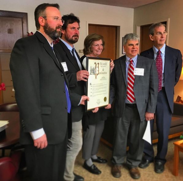 Jeff Senterman (Catskill Center), Ramsay Adams (Catskill Mountainkeeper), Assemblywoman Markey, Neil Woodworth (Adirondack Mountain Club), Al Butzel (environmentalist par excellence), receiving an official Proclamation honoring the Catskill Park Coalition and Catskill Park Awareness Day 2016.