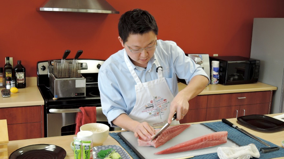  One loin completed, Jun removes the bones from the second loin of the Katsu Hamachi fillet