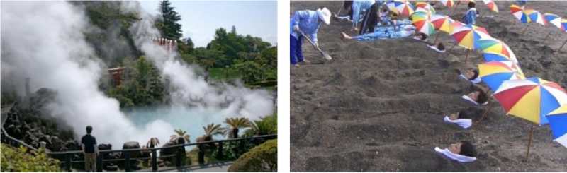  LEFT: Hot springs in Kagoshima. RIGHT: The sand bath warms bathers to the core.