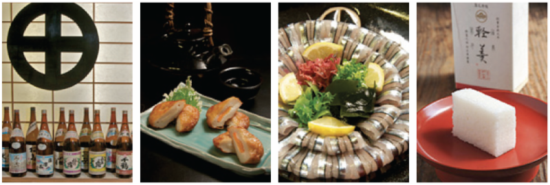  From left, brands of imo-jochu, distilled liquor made from sweet potatoes; satsumaage, a snack of seasoned and deep-fried fish paste; freshly caught kibinago served as sashimi; karukan, a slightly sweet Japanese confectionary with a light, fluffy texture.