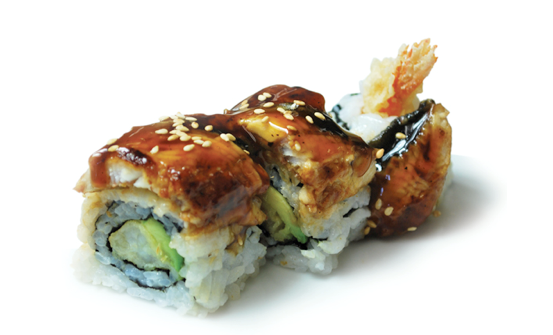  Sushi "Dragon Roll" includes crunchy tempura shrimp, cucumber, avocado and sweet unagi kabayaki.
