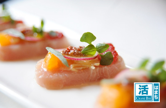 Katsu Hamachi Crudo of blood orange, radish, marinated fennel and yuzu citronette