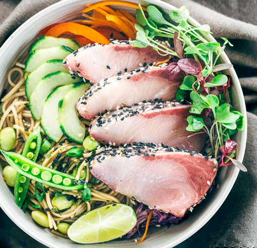 Sesame Crusted Katsu Hamachi with Edamame Soba Noodle Salad
