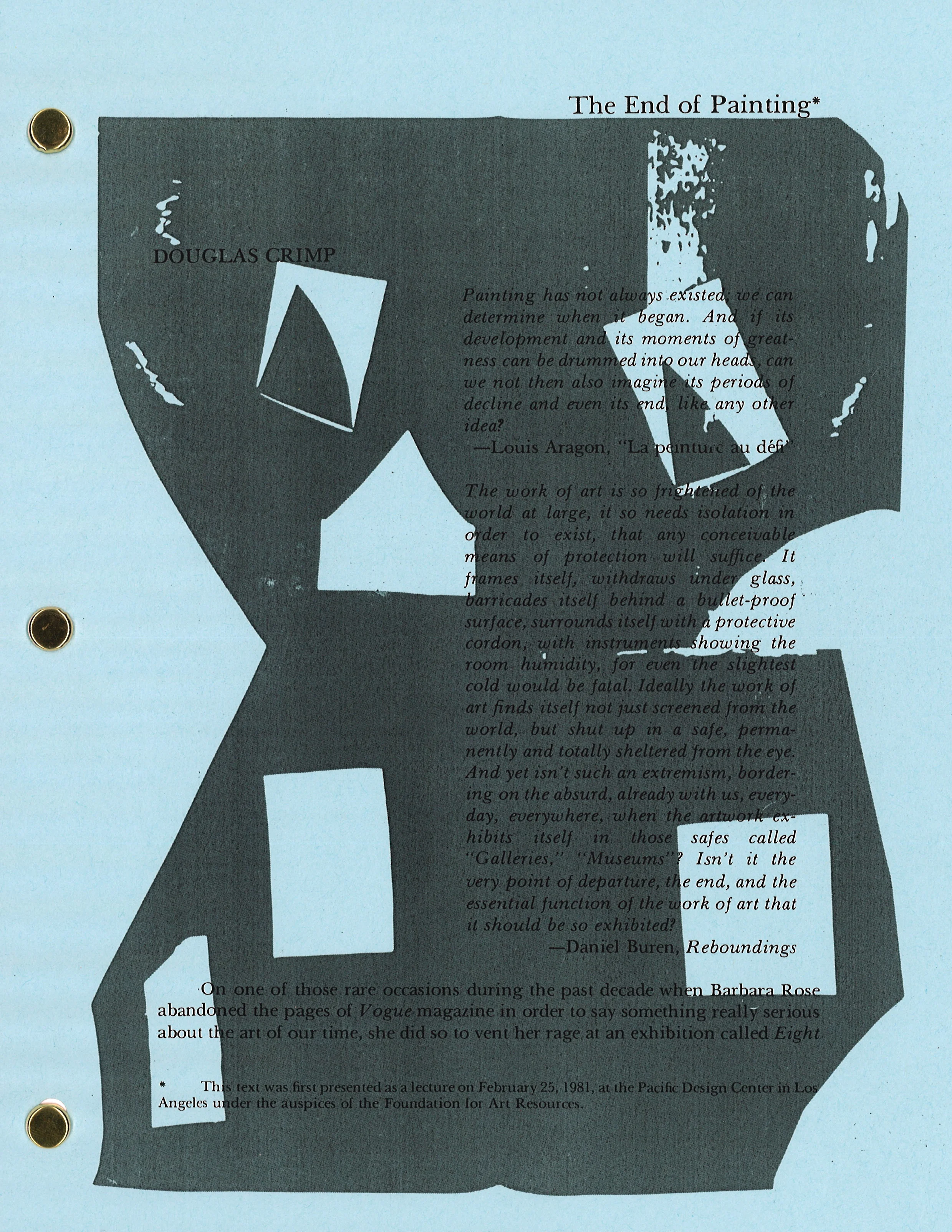 Death of Painting zine Re-issued text by Douglas Crimp (1981) 8.5" x 11", 18 pages, brad-bound. Ed. 15