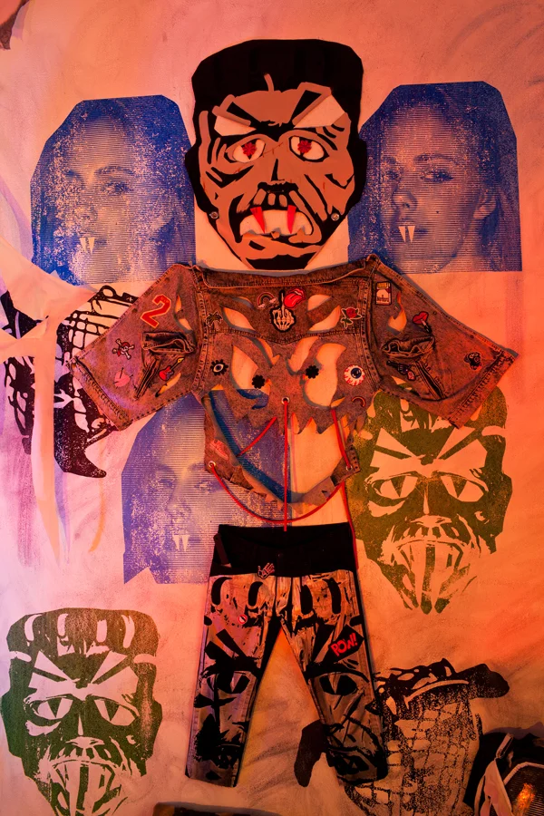 CLOSET MONSTER Silkscreen and latex paint with patches on altered clothing