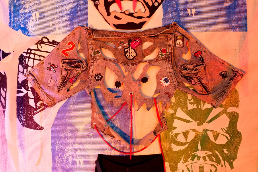 CLOSET MONSTER (detail) Silkscreen and latex paint with patches on altered clothing