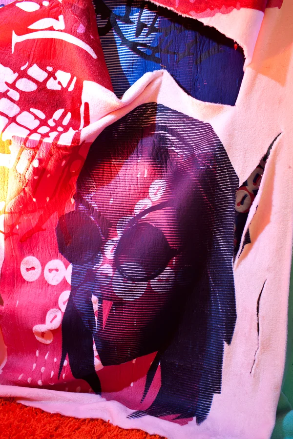 GLAMPIRE BRUNCH (Kiley) (detail) Silkscreen on fleece with pom-poms, spotlights