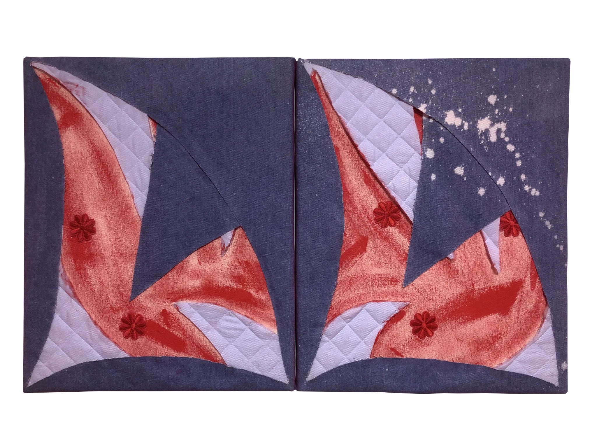 Dorsal Trouble Bleached denim, acrylic, tulle, and quilted cotton with patches on canvas 32” x 20”