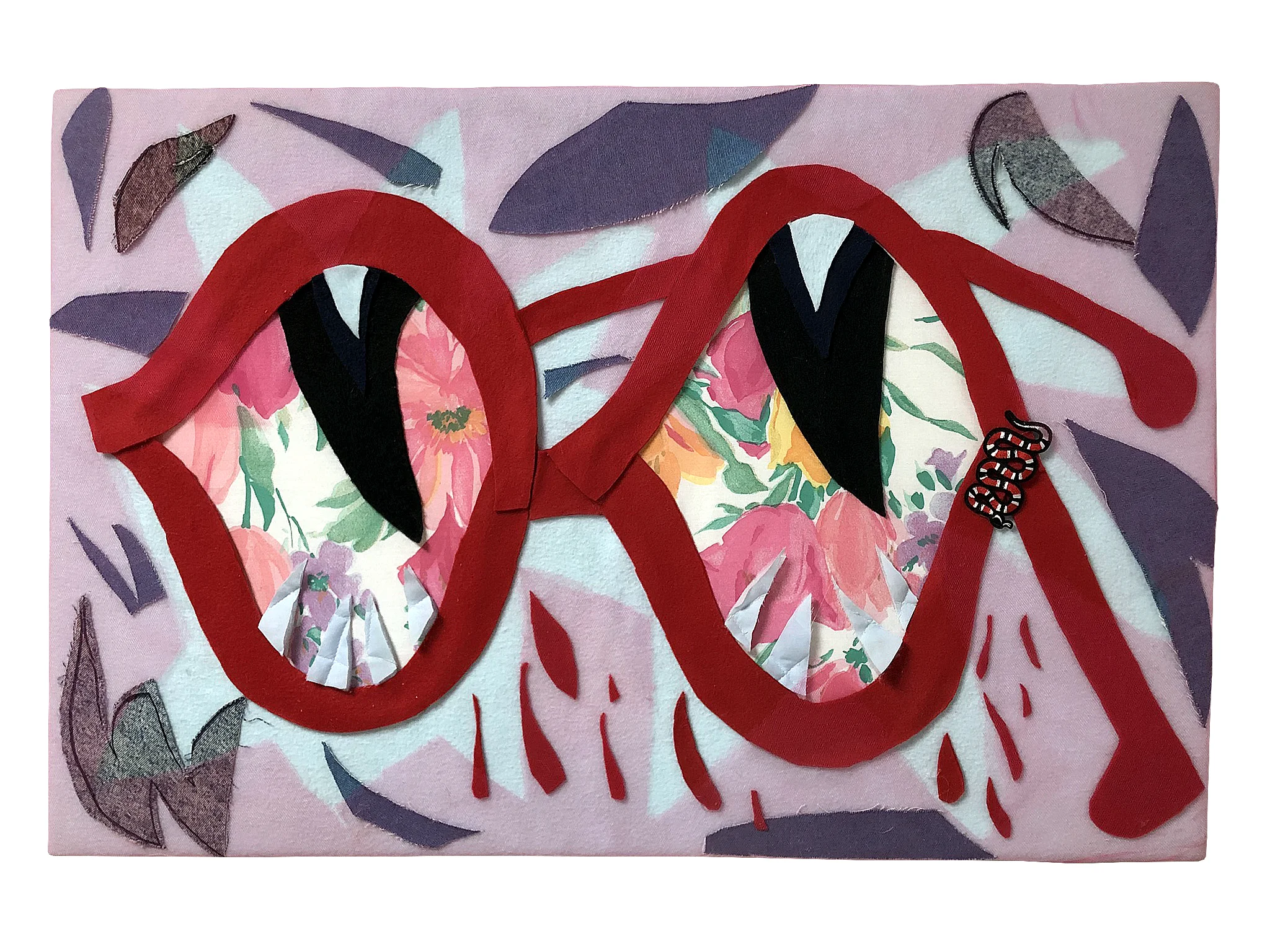 Killer Shades Fleece, denim, cotton, and tulle on canvas with patch 36” x 24”