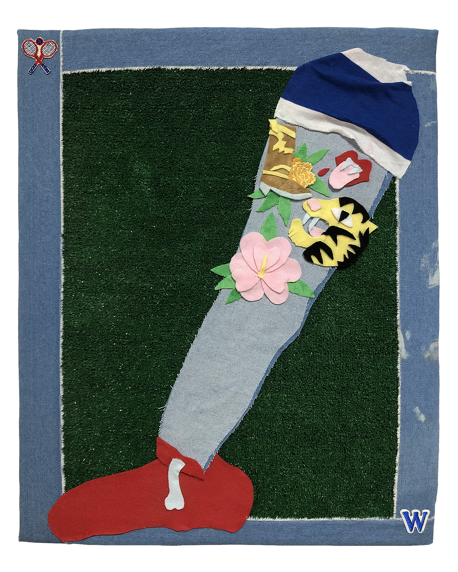 Trophy Denim, fleece, jersey, faux fur, and astroturf on canvas with patches