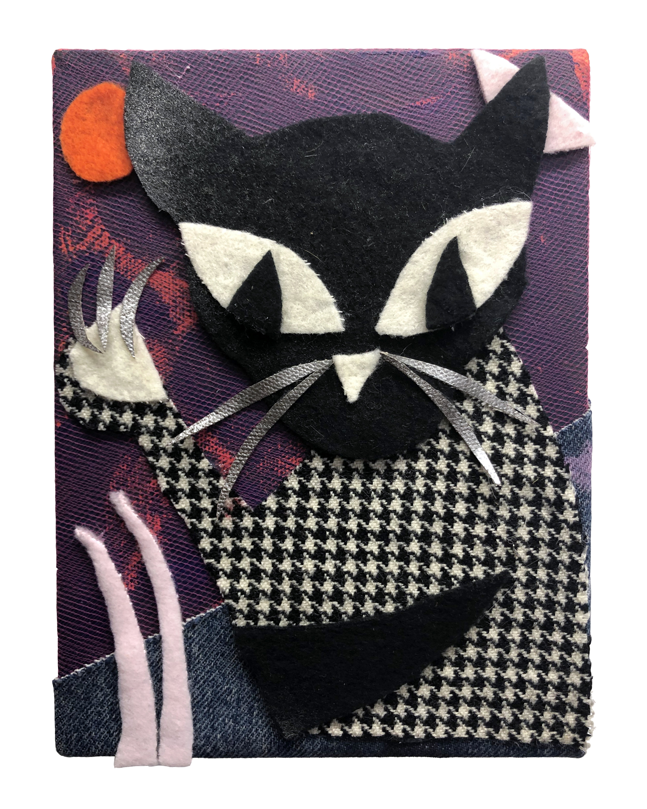 Houndstooth Kitty at Sunset Fleece, denim, felt, tulle, and acrylic on canvas 6” x 8”