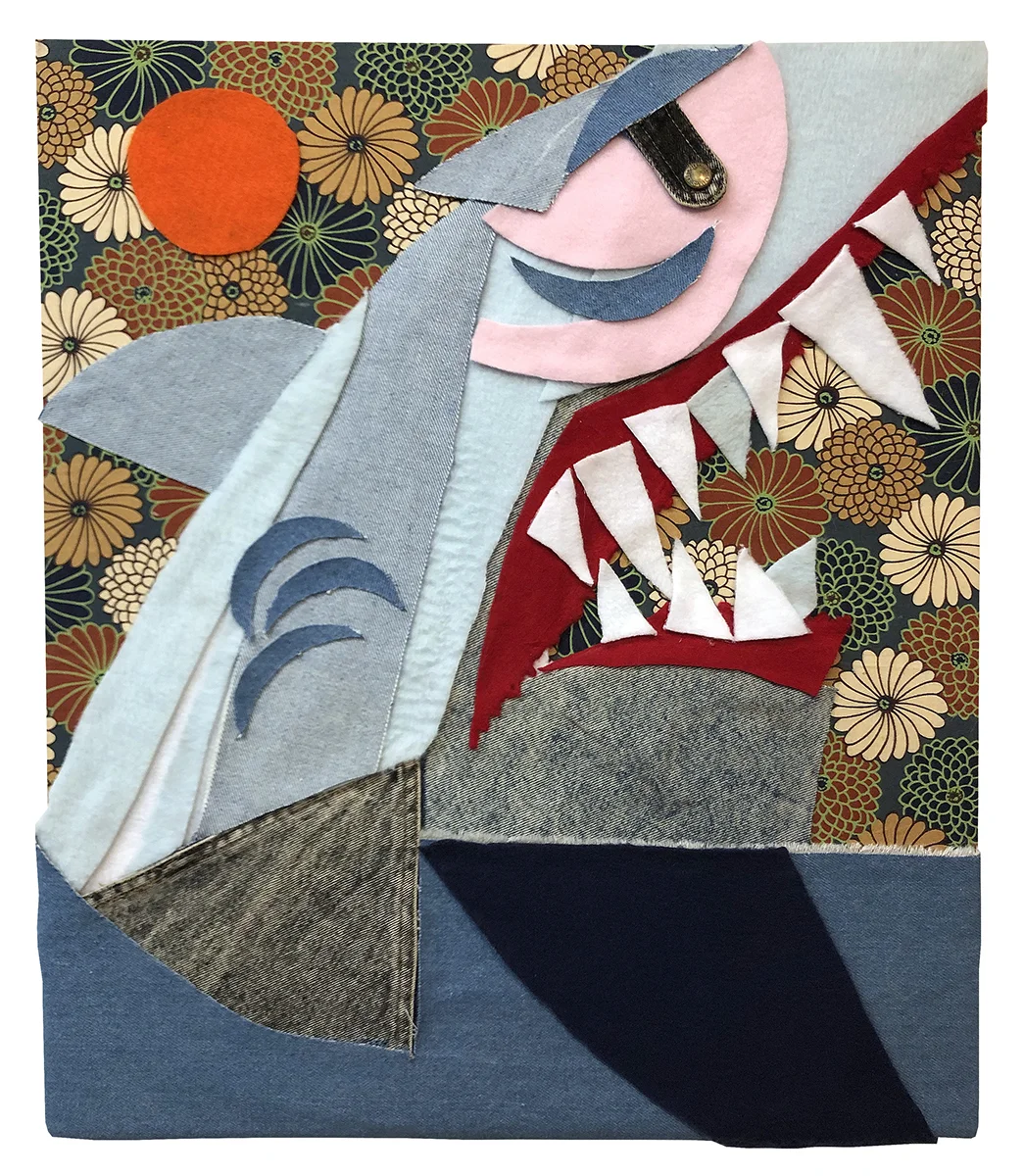 Shark Rise with Orange Sun Fleece, worn denim, felt, and printed cotton on canvas 20” x 24”