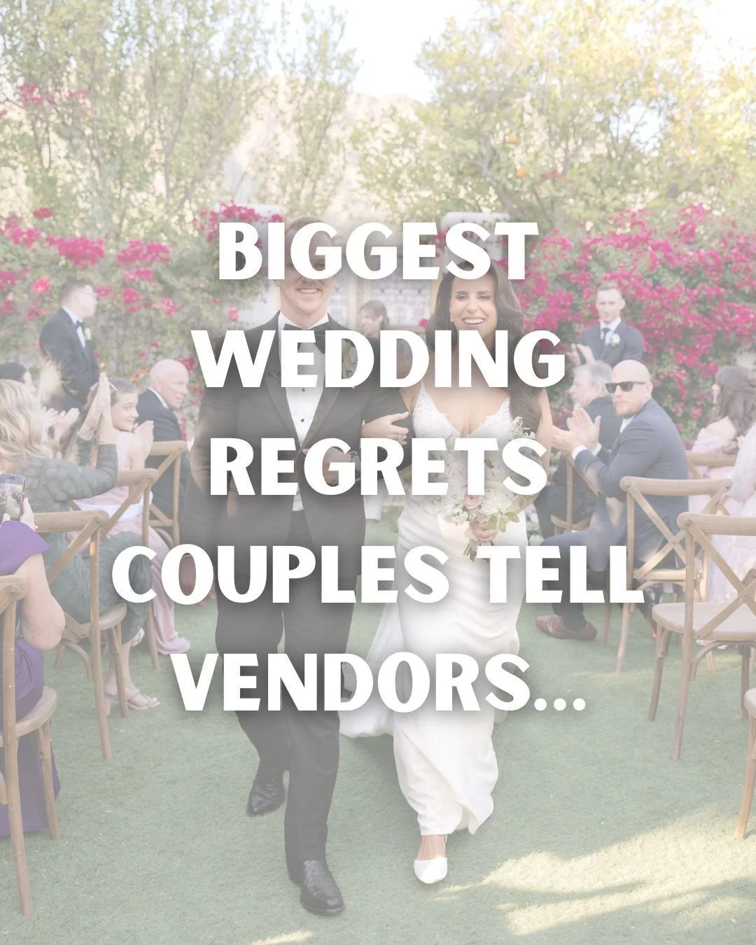 After weddings, couples often tell vendors the same three things they wish they had done differently. 

&bull; Not hiring a videographer: Photos capture moments.
Video lets you relive the day.
&bull; Not hiring a planner: A planner keeps everything r
