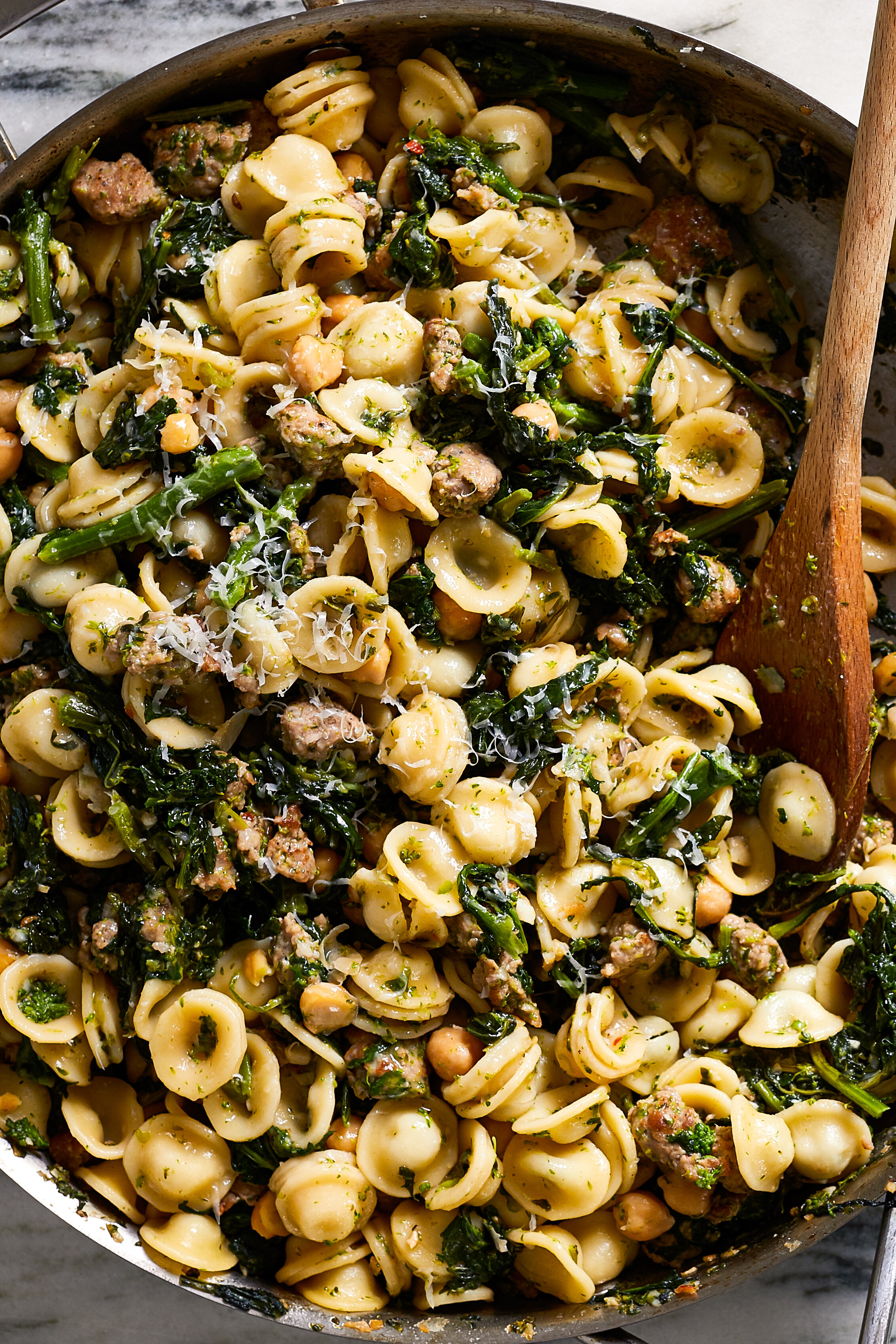  Skillet Pasta with sausage, chickpeas, broccoli rabe and parm NYT Cooking 